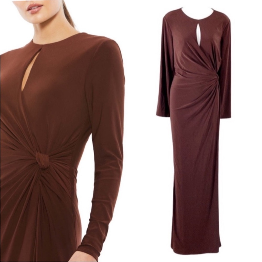 Ieena for Mac Duggal Brown Long Sleeve Keyhole Draped Maxi Gown 8 Chocol…